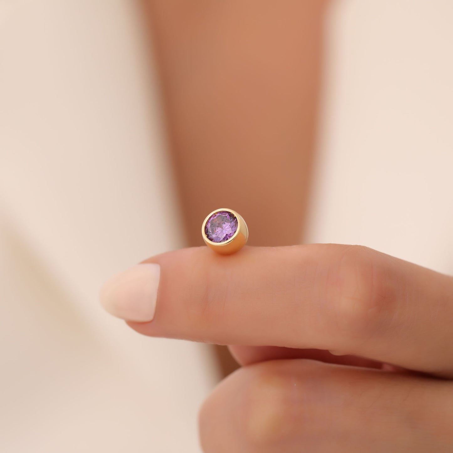 Round Amethyst Bezel Stud Earrings in 14K Solid Gold | February Birthstone Queen Jewelry Earrings