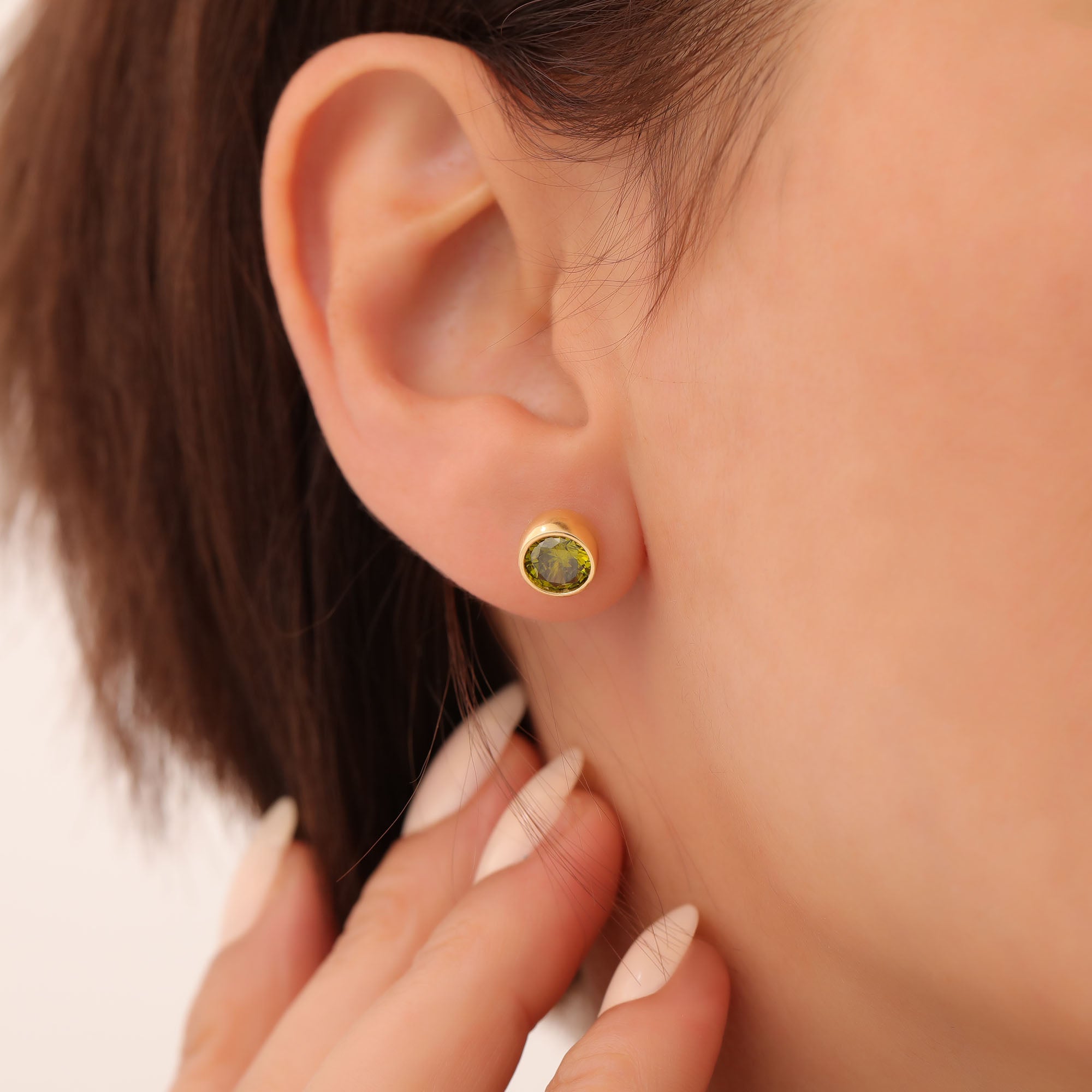 Round Peridot Bezel Stud Earrings in 14K Solid Gold | August Birthstone Queen Jewelry Earrings