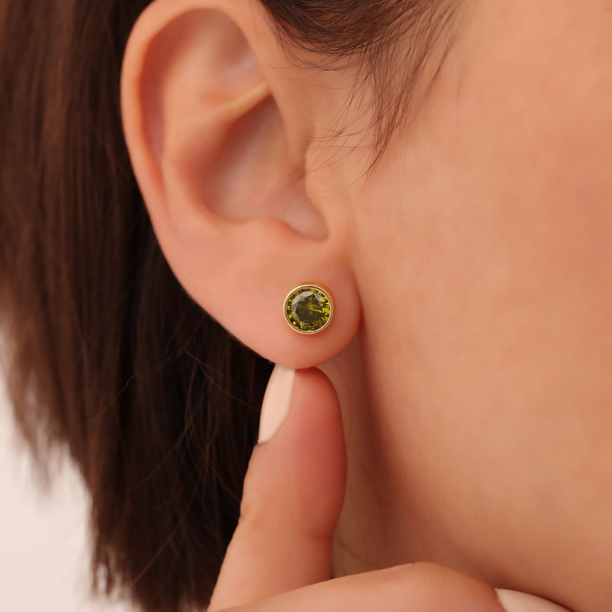 Round Peridot Bezel Stud Earrings in 14K Solid Gold | August Birthstone Queen Jewelry Earrings