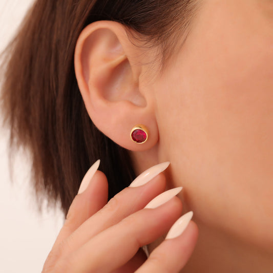 Round Ruby Bezel Stud Earrings in 14K Solid Gold | July Birthstone Queen Jewelry Earrings