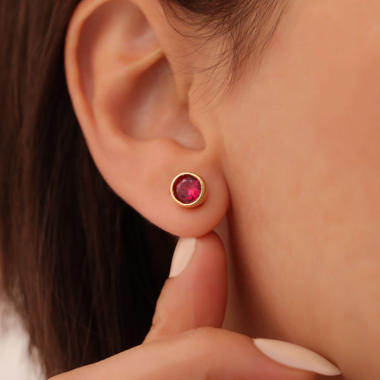 Round Ruby Bezel Stud Earrings in 14K Solid Gold | July Birthstone Queen Jewelry Earrings