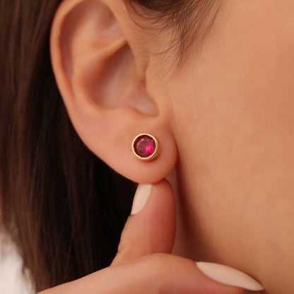 Round Ruby Bezel Stud Earrings in 14K Solid Gold | July Birthstone Queen Jewelry Earrings
