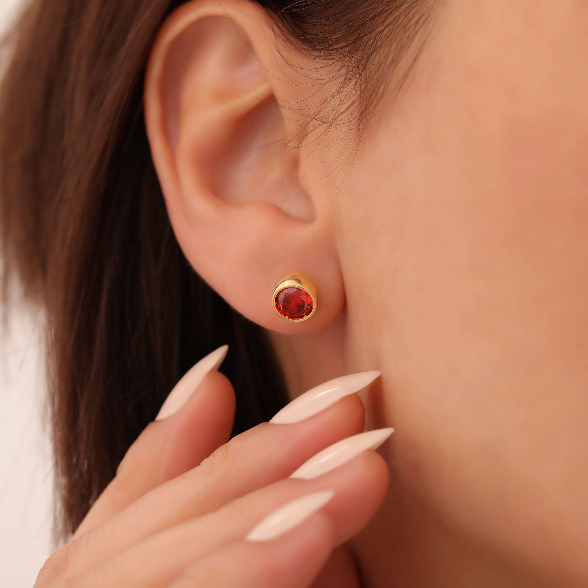 Round Garnet Bezel Stud Earrings in 14K Solid Gold | January Birthstone Queen Jewelry Earrings