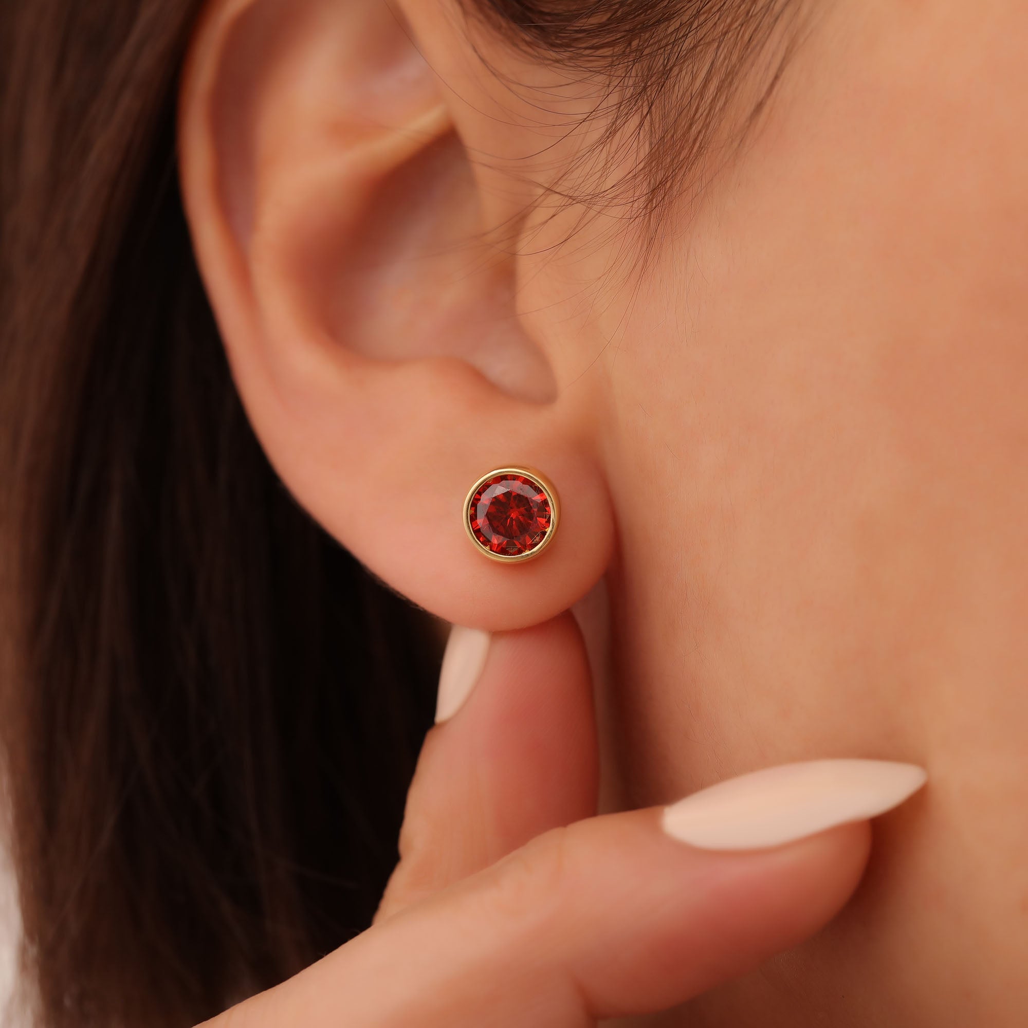 Round Garnet Bezel Stud Earrings in 14K Solid Gold | January Birthstone Queen Jewelry Earrings