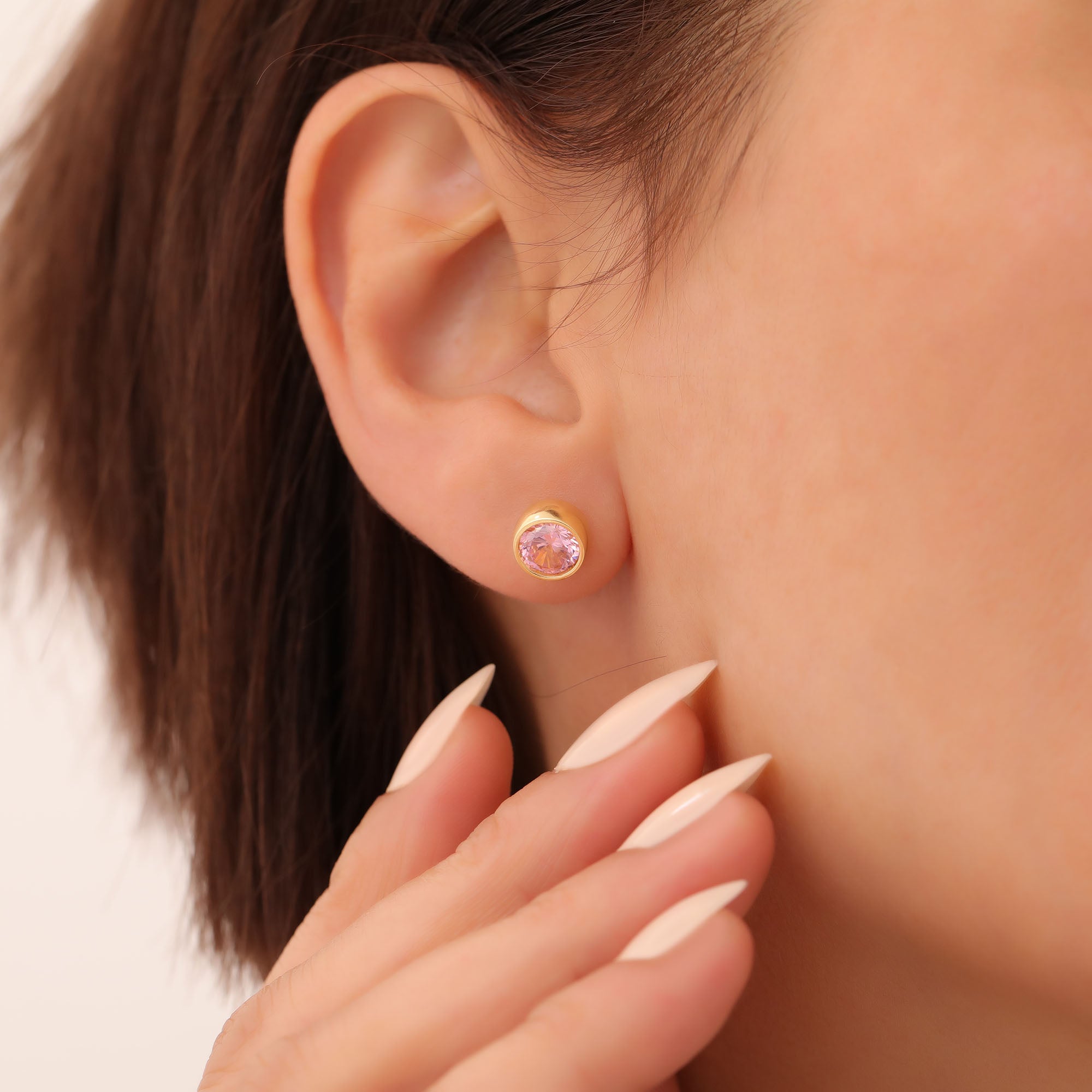 Round Pink Tourmaline Bezel Stud Earrings in 14K Solid Gold | October Birthstone Queen Jewelry Earrings