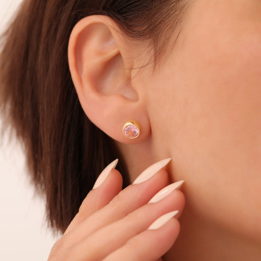 Round Pink Tourmaline Bezel Stud Earrings in 14K Solid Gold | October Birthstone Queen Jewelry Earrings
