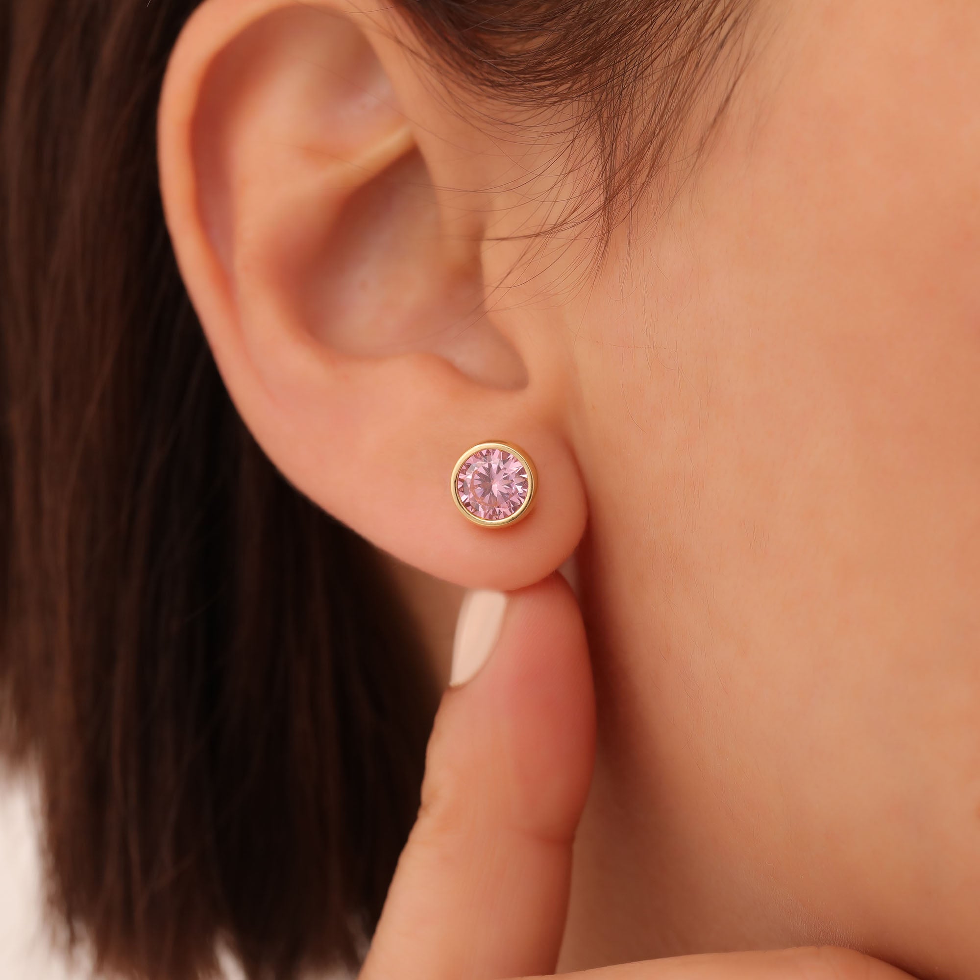 Round Pink Tourmaline Bezel Stud Earrings in 14K Solid Gold | October Birthstone Queen Jewelry Earrings