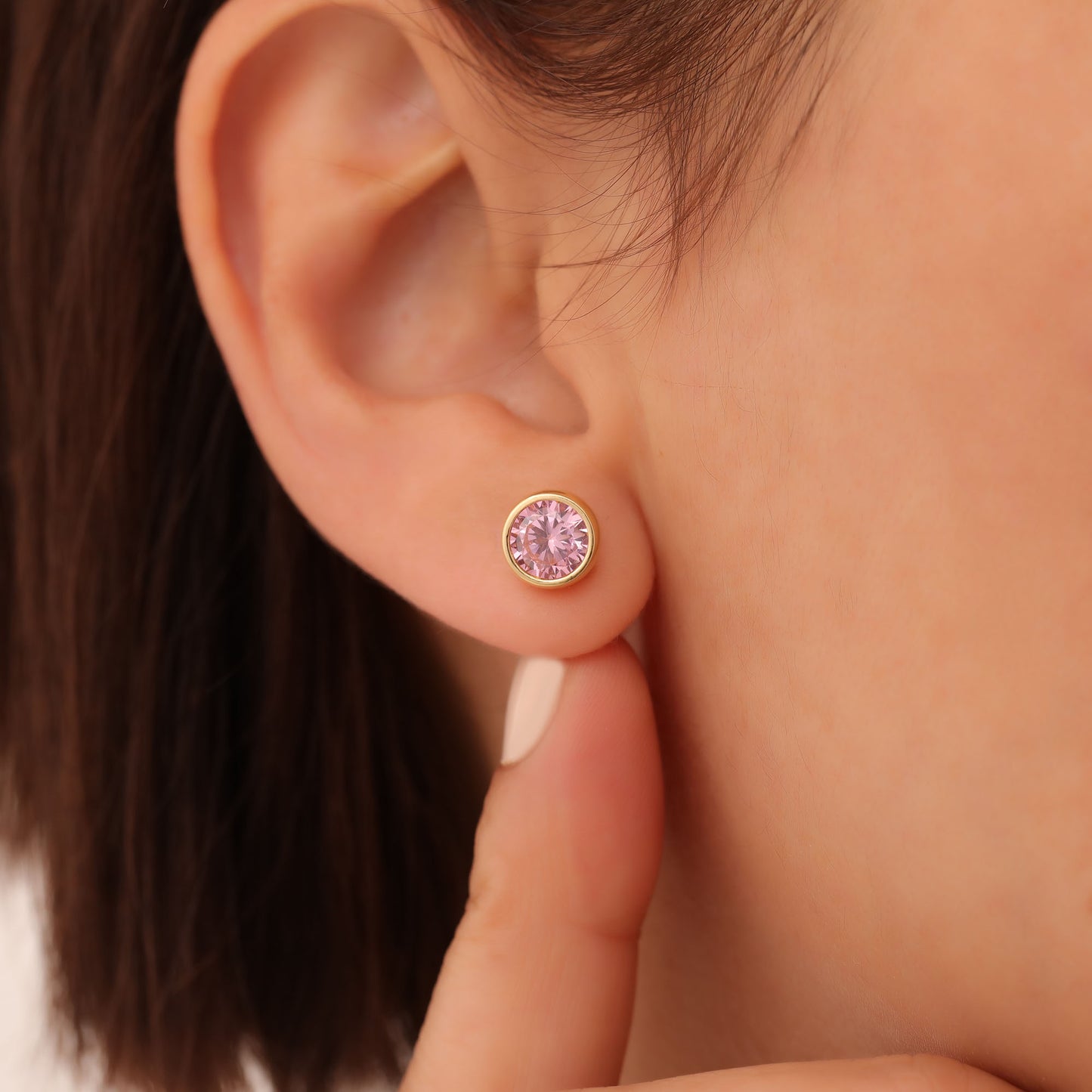 Round Pink Tourmaline Bezel Stud Earrings in 14K Solid Gold | October Birthstone Queen Jewelry Earrings