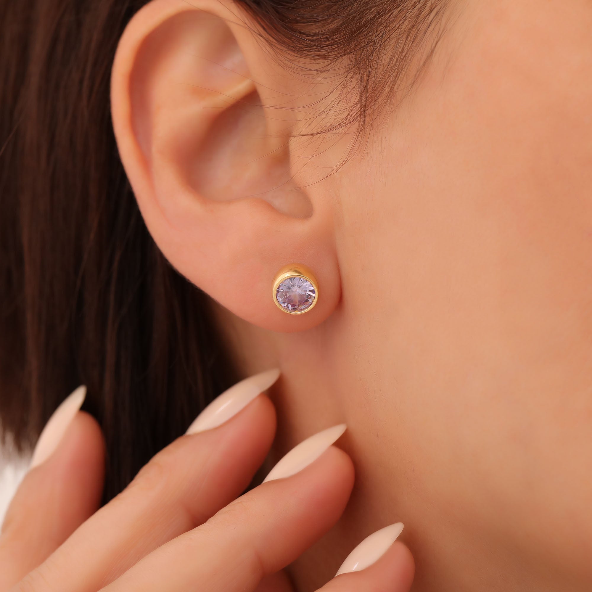 Round Alexandrite Bezel Stud Earrings in 14K Solid Gold | June Birthstone Queen Jewelry Earrings