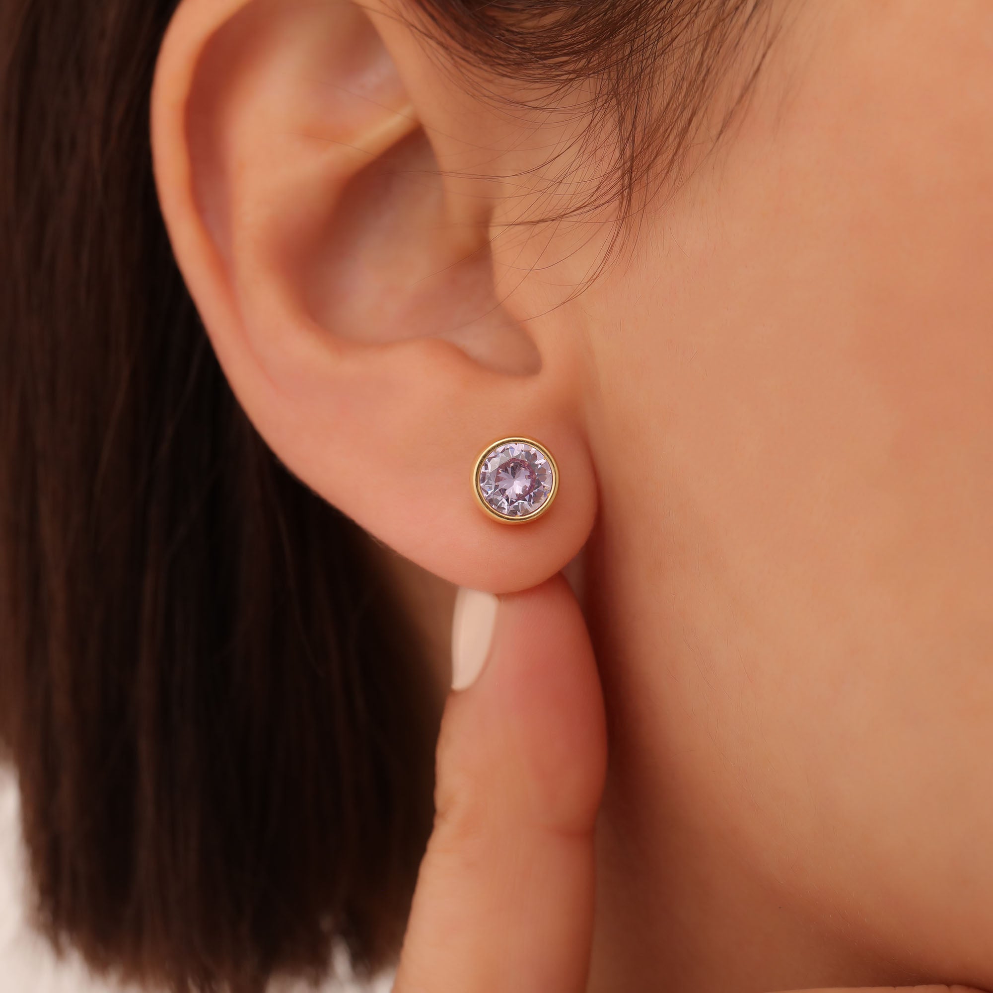 Round Alexandrite Bezel Stud Earrings in 14K Solid Gold | June Birthstone Queen Jewelry Earrings