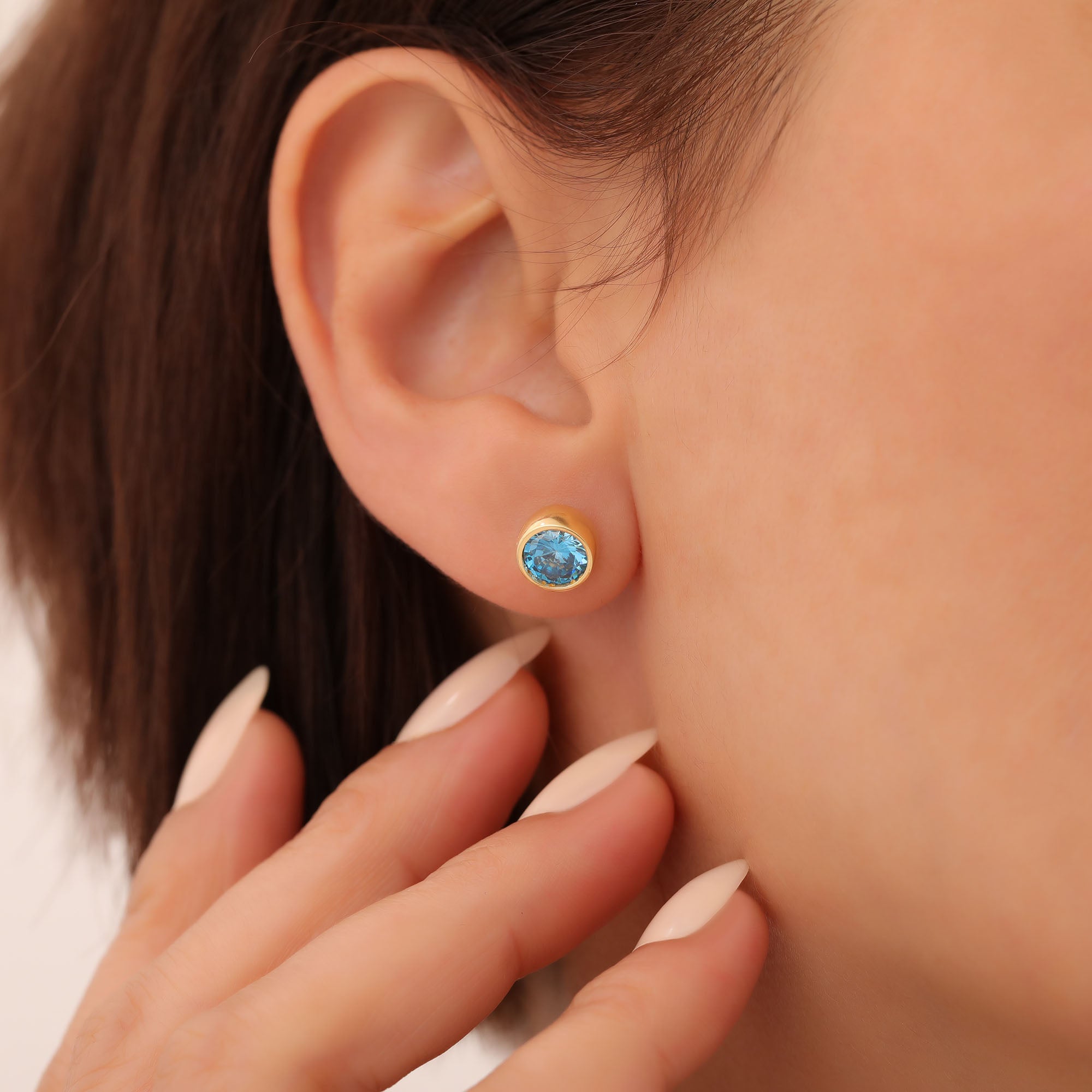Round Blue Topaz Bezel Stud Earrings in 14K Solid Gold | December Birthstone Queen Jewelry Earrings