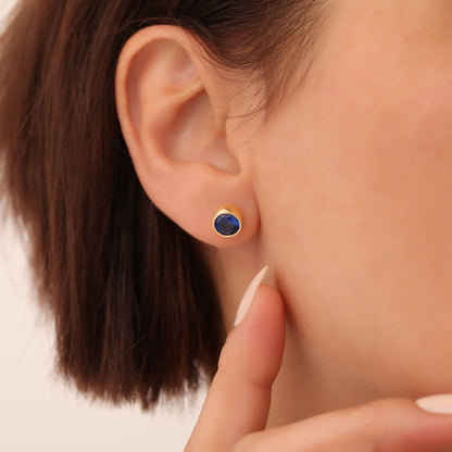 Round Sapphire Bezel Stud Earrings in 14K Solid Gold | September Birthstone Queen Jewelry Earrings