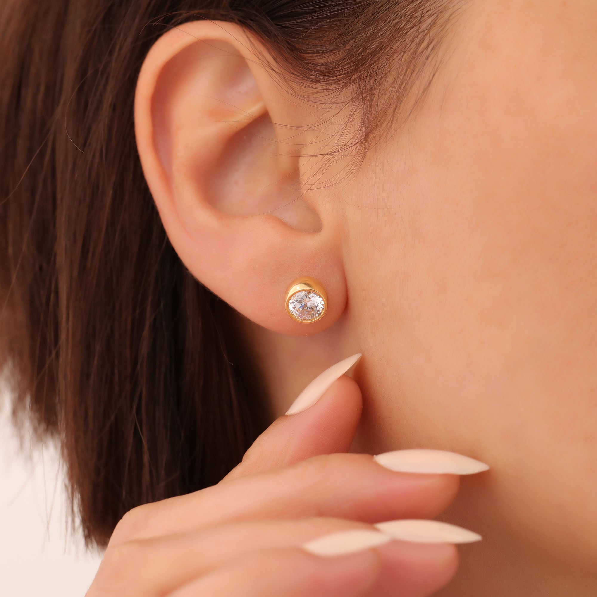 Round White Topaz Bezel Stud Earrings in 14K Solid Gold | April Birthstone Queen Jewelry Earrings