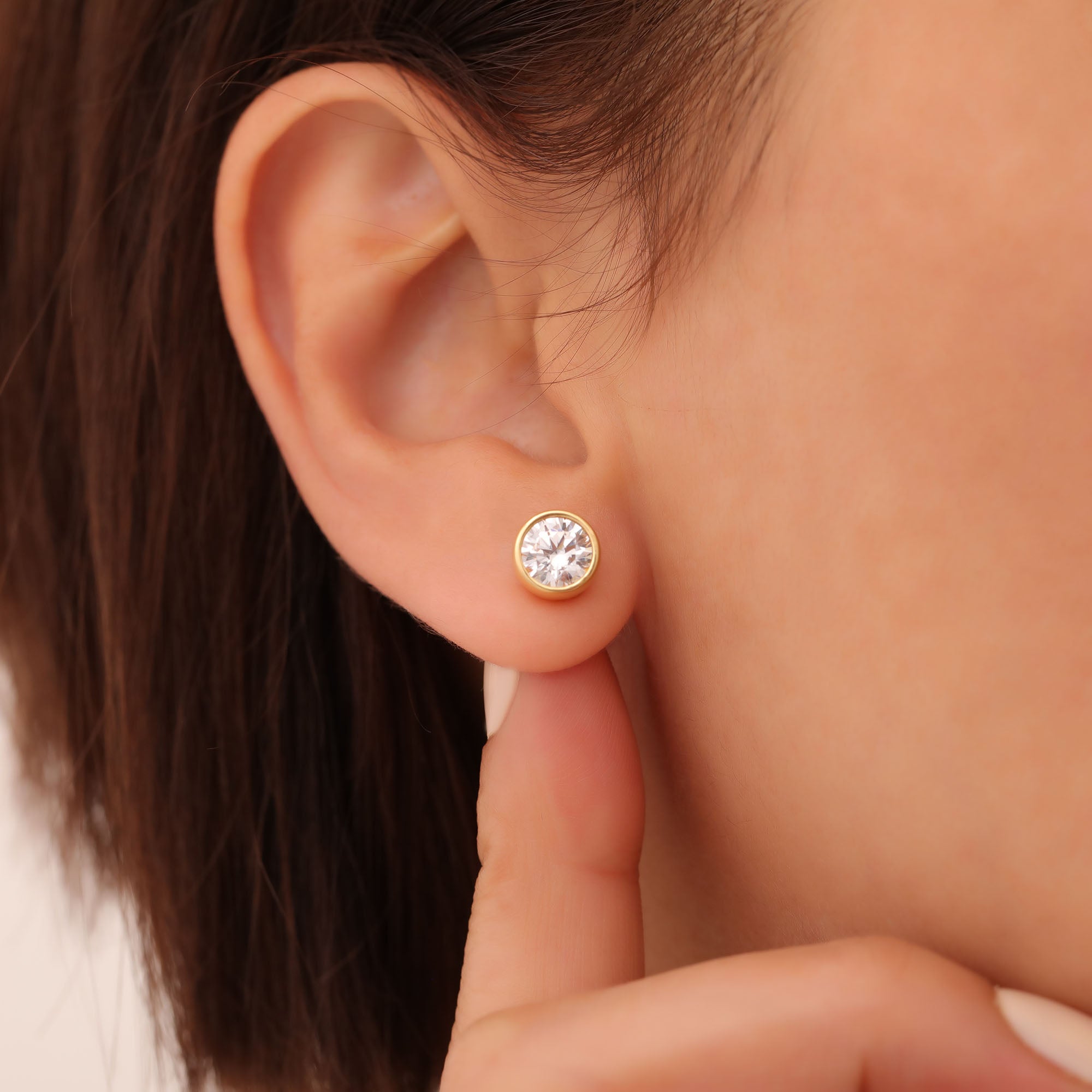 Round White Topaz Bezel Stud Earrings in 14K Solid Gold | April Birthstone Queen Jewelry Earrings