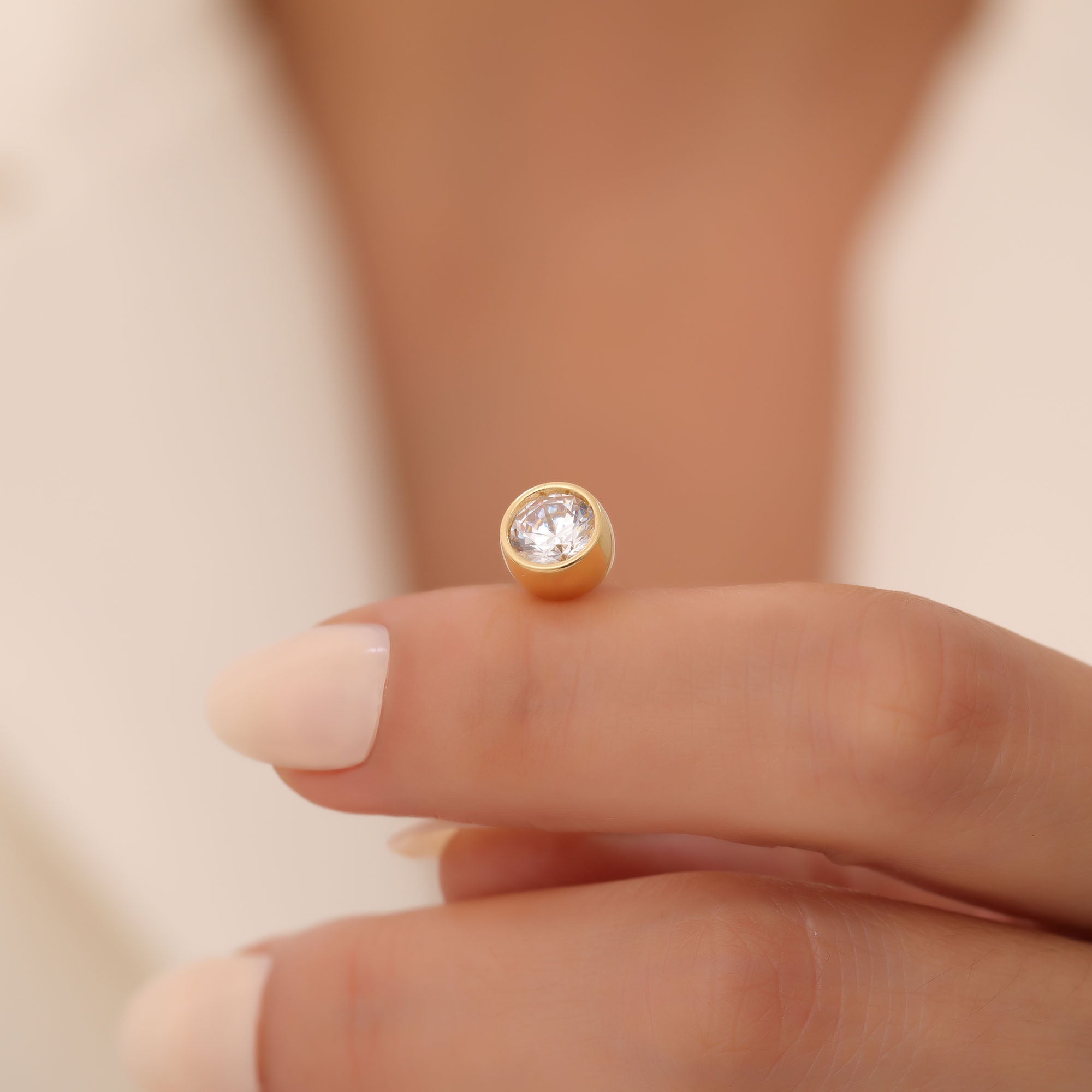 Round White Topaz Bezel Stud Earrings in 14K Solid Gold | April Birthstone Queen Jewelry Earrings