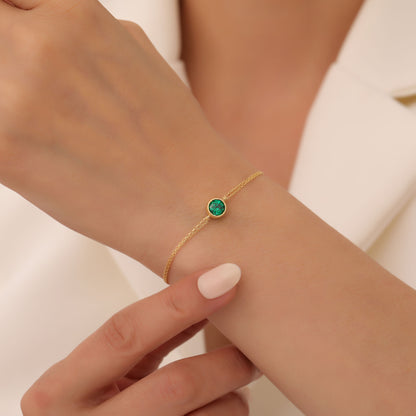 Round Emerald Bezel Bracelet in 14K Solid Gold | May Birthstone Queen Jewelry Bracelet