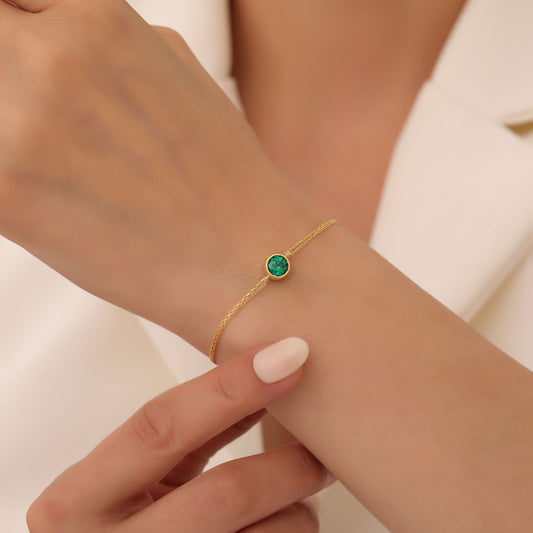 Round Emerald Bezel Bracelet in 14K Solid Gold | May Birthstone Queen Jewelry Bracelet