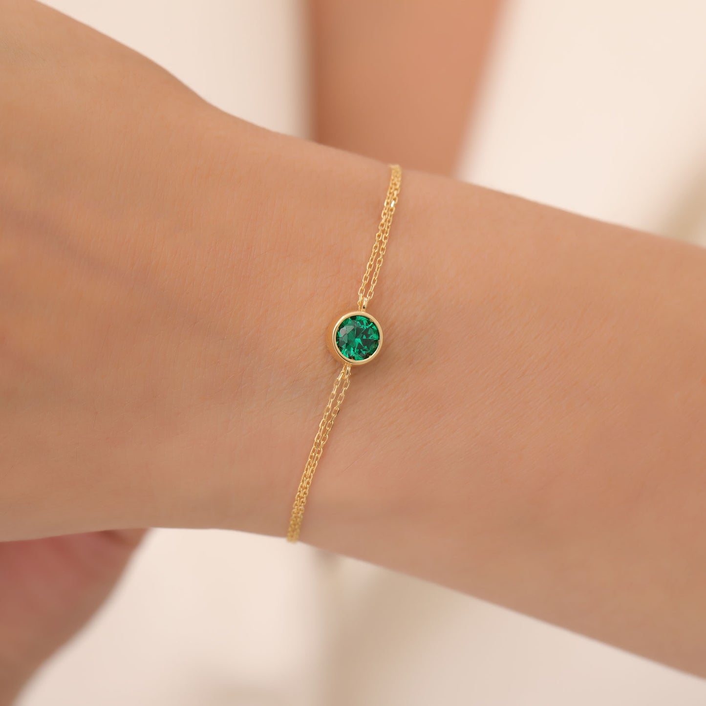 Round Emerald Bezel Bracelet in 14K Solid Gold | May Birthstone Queen Jewelry Bracelet