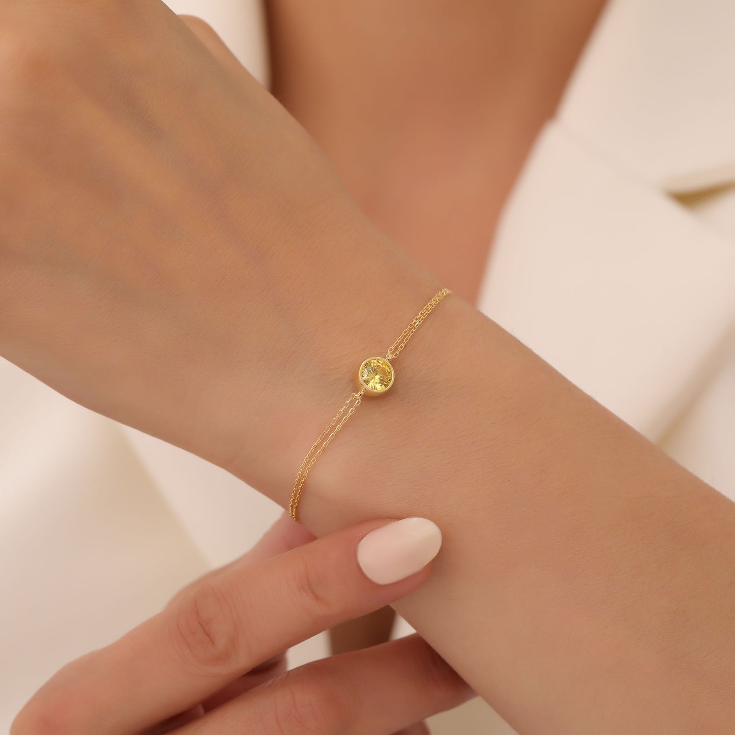 Round Yellow Topaz Bezel Bracelet in 14K Solid Gold | Birthstone Jewelry Queen Jewelry Bracelet