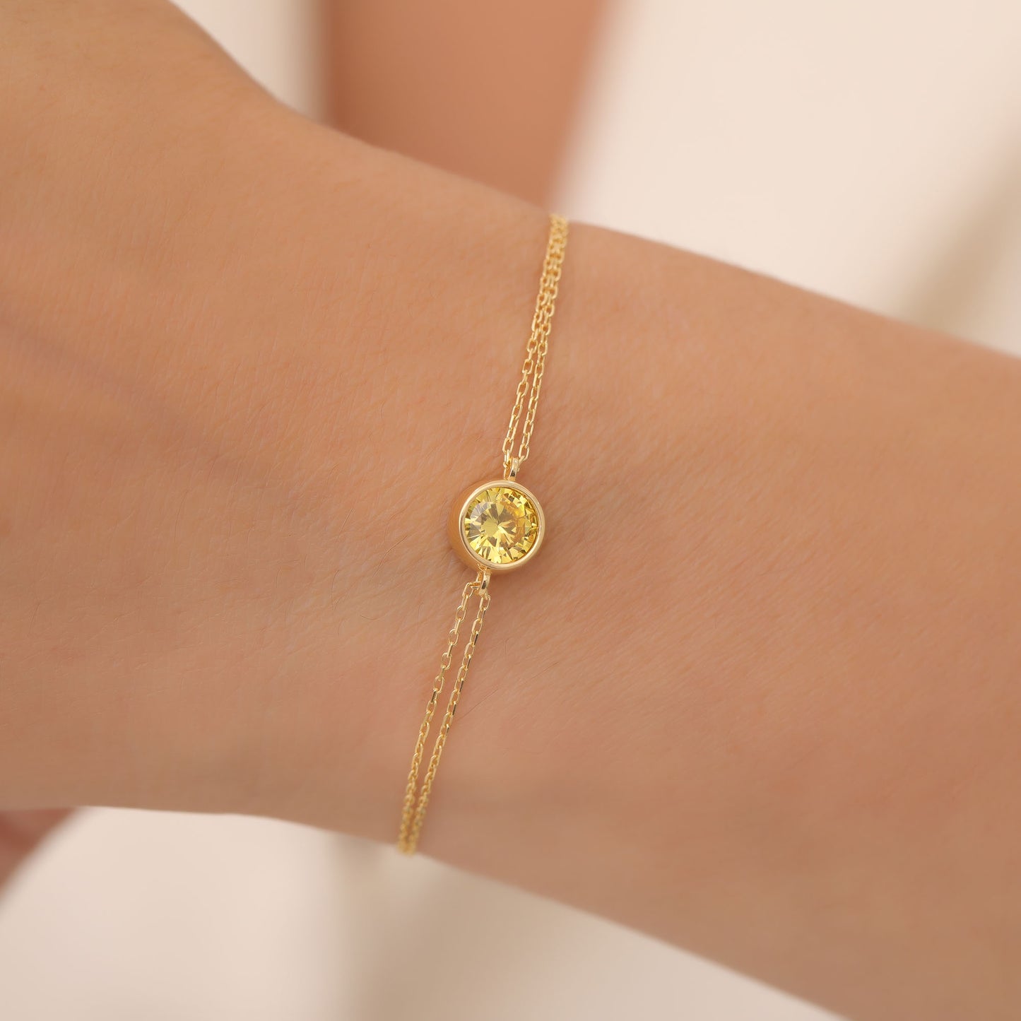 Round Yellow Topaz Bezel Bracelet in 14K Solid Gold | Birthstone Jewelry Queen Jewelry Bracelet