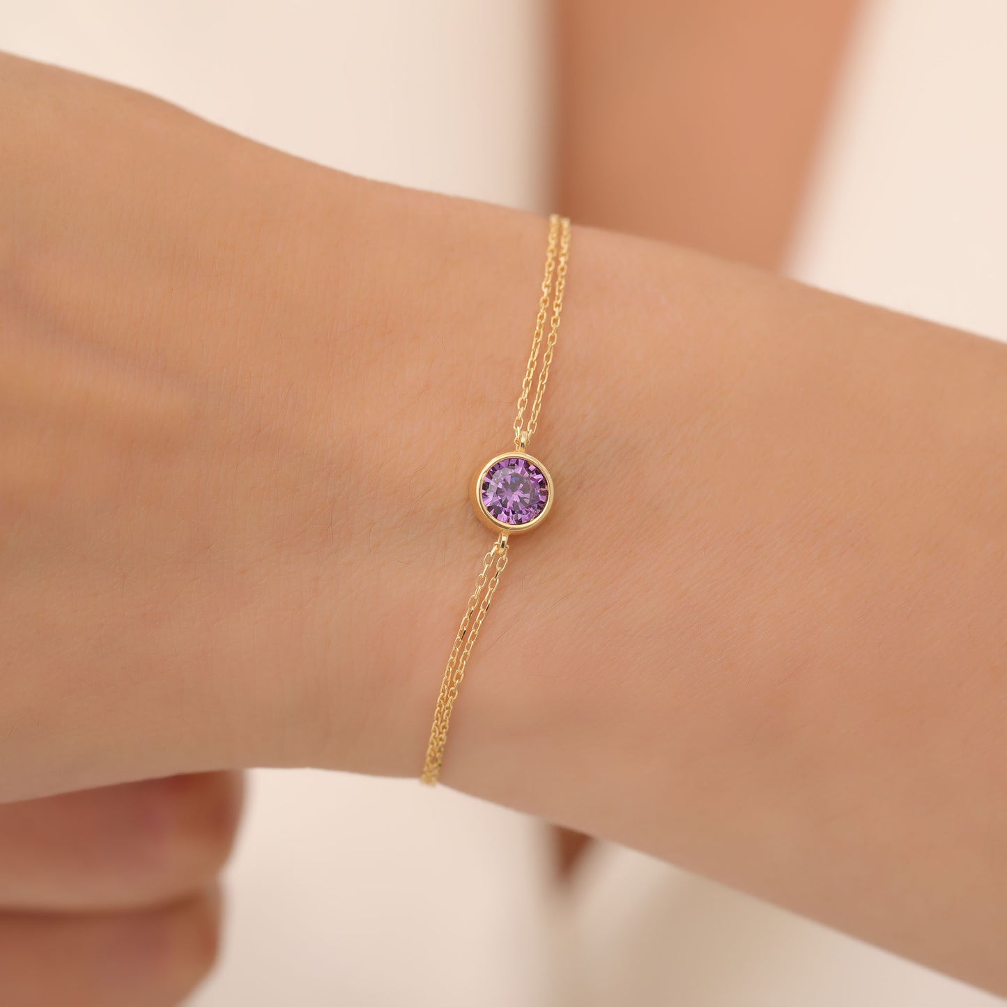 Round Amethyst Bezel Bracelet in 14K Solid Gold | February Birthstone Queen Jewelry Bracelet