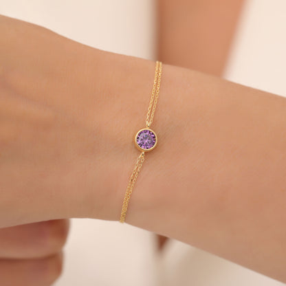 Round Amethyst Bezel Bracelet in 14K Solid Gold | February Birthstone Queen Jewelry Bracelet