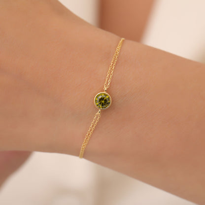 Round Peridot Bezel Bracelet in 14K Solid Gold | August Birthstone Queen Jewelry Bracelet