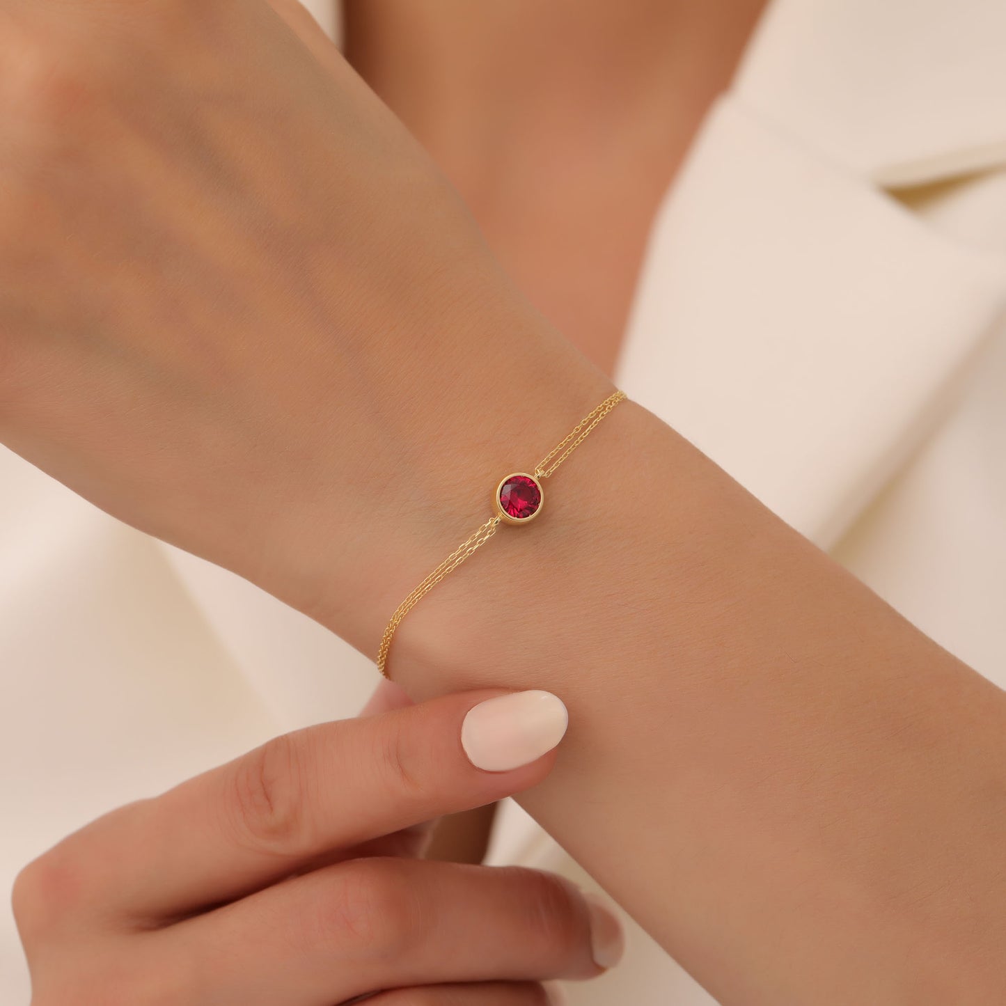 Round Ruby Bezel Bracelet in 14K Solid Gold | July Birthstone Queen Jewelry Bracelet