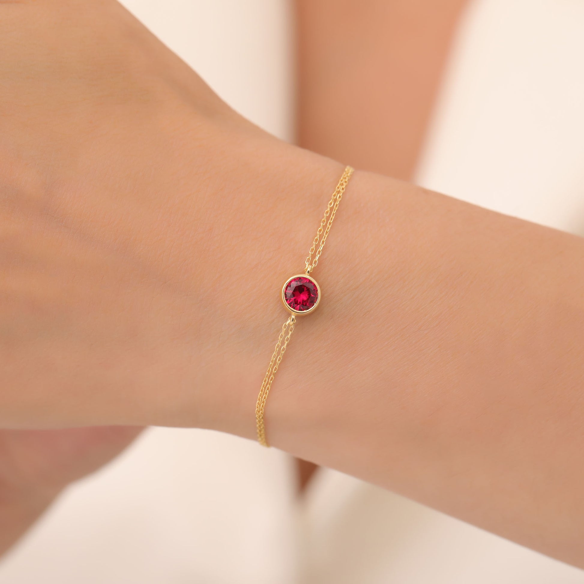 Round Ruby Bezel Bracelet in 14K Solid Gold | July Birthstone Queen Jewelry Bracelet