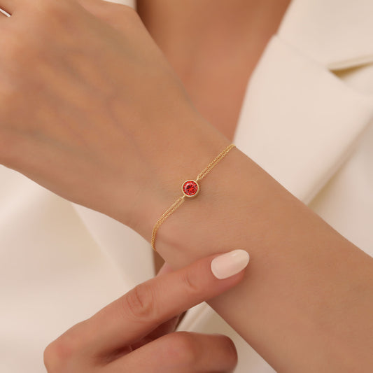 Round Garnet Bezel Bracelet in 14K Solid Gold | January Birthstone Queen Jewelry Bracelet