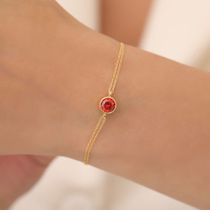Round Garnet Bezel Bracelet in 14K Solid Gold | January Birthstone Queen Jewelry Bracelet