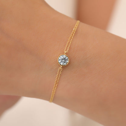 Round Aquamarine Bezel Bracelet in 14K Solid Gold | March Birthstone Queen Jewelry Bracelet