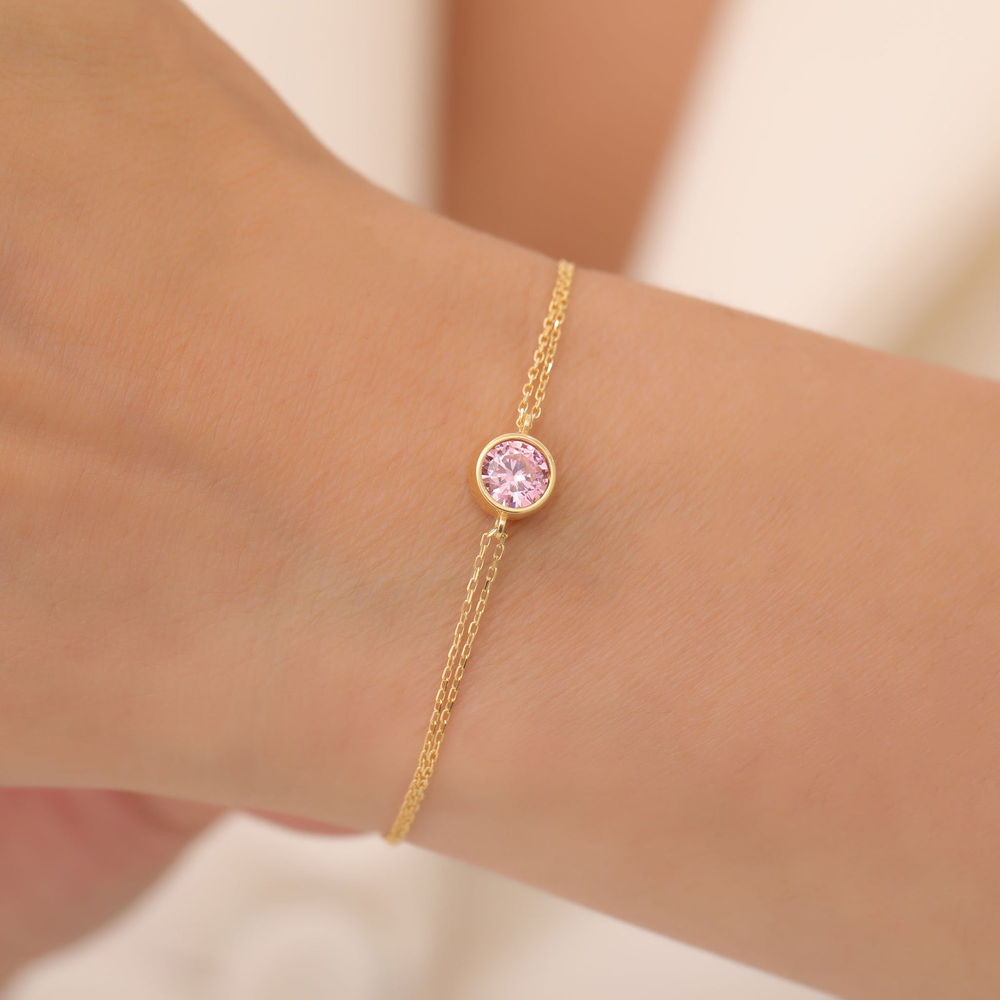 Round Pink Tourmaline Bezel Bracelet in 14K Solid Gold | October Birthstone Queen Jewelry Bracelet