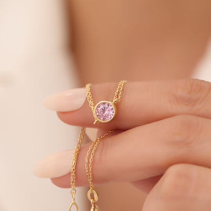 Round Pink Tourmaline Bezel Bracelet in 14K Solid Gold | October Birthstone Queen Jewelry Bracelet