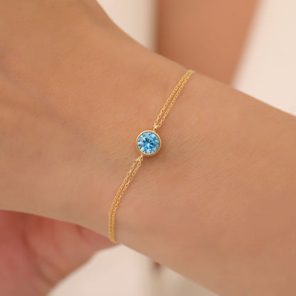 Round Blue Topaz Bezel Bracelet in 14K Solid Gold | December Birthstone Queen Jewelry Bracelet