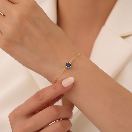 Round Sapphire Bezel Bracelet in 14K Solid Gold | September Birthstone Queen Jewelry Bracelet