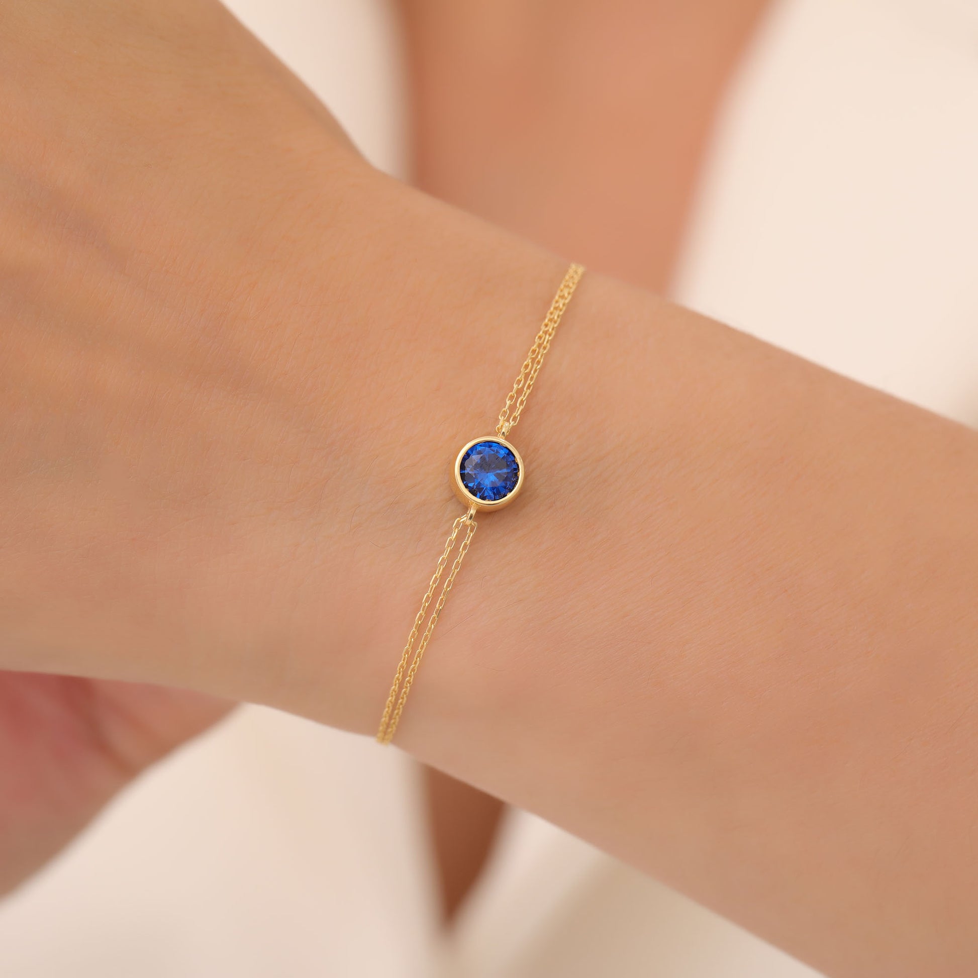 Round Sapphire Bezel Bracelet in 14K Solid Gold | September Birthstone Queen Jewelry Bracelet