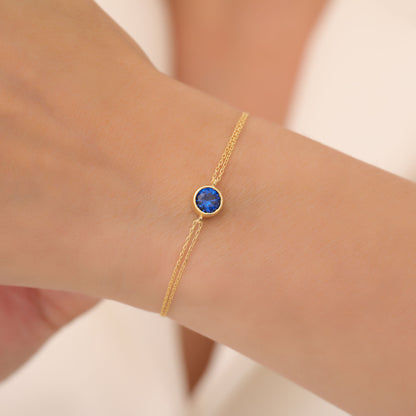 Round Sapphire Bezel Bracelet in 14K Solid Gold | September Birthstone Queen Jewelry Bracelet
