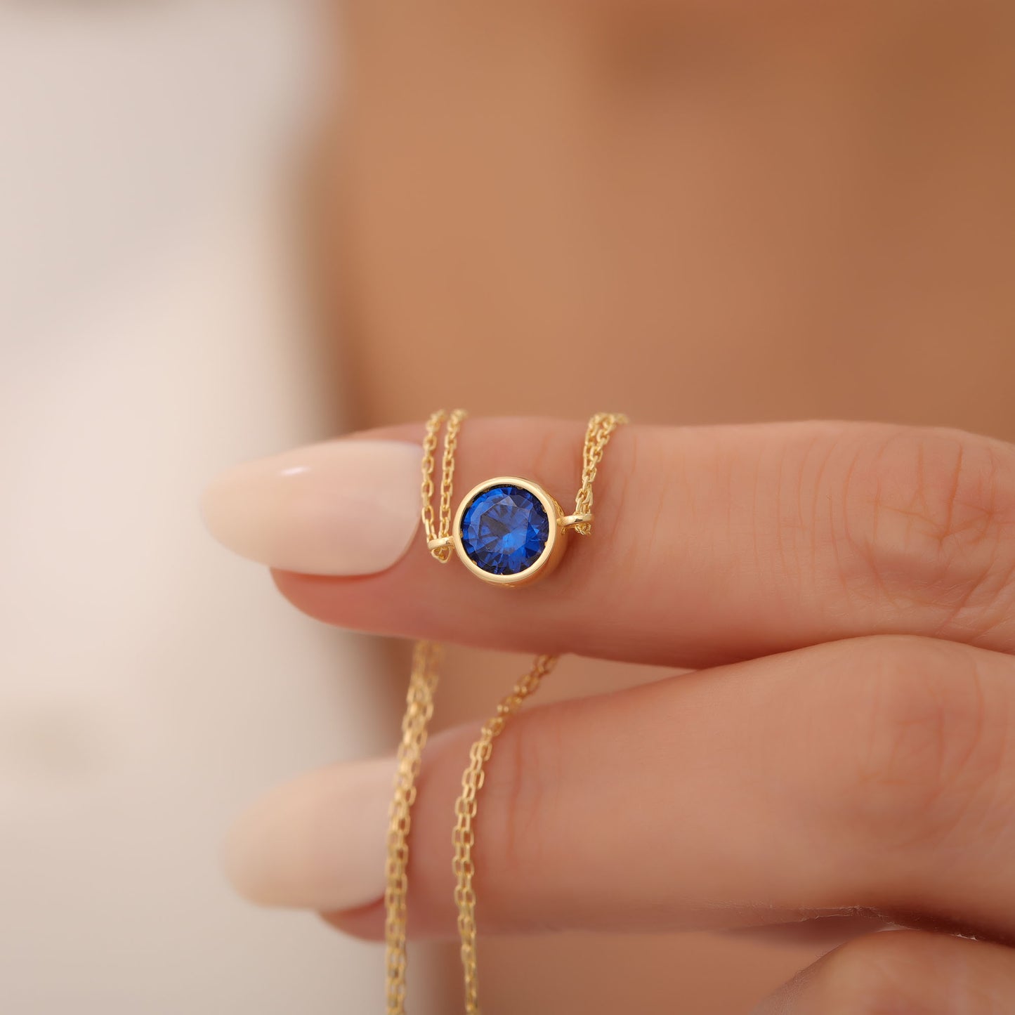 Round Sapphire Bezel Bracelet in 14K Solid Gold | September Birthstone Queen Jewelry Bracelet
