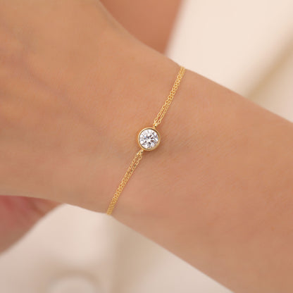 Round White Topaz Bezel Bracelet in 14K Solid Gold | April Birthstone Queen Jewelry Bracelet