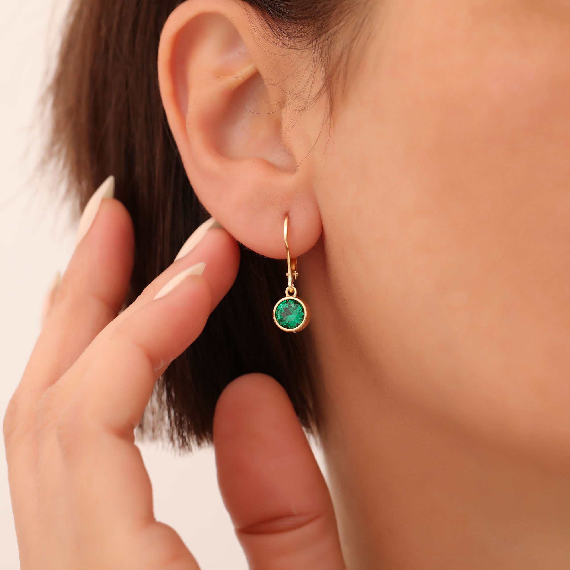 Round Emerald Bezel Dangle Earrings in 14K Solid Gold | May Birthstone Queen Jewelry Earrings