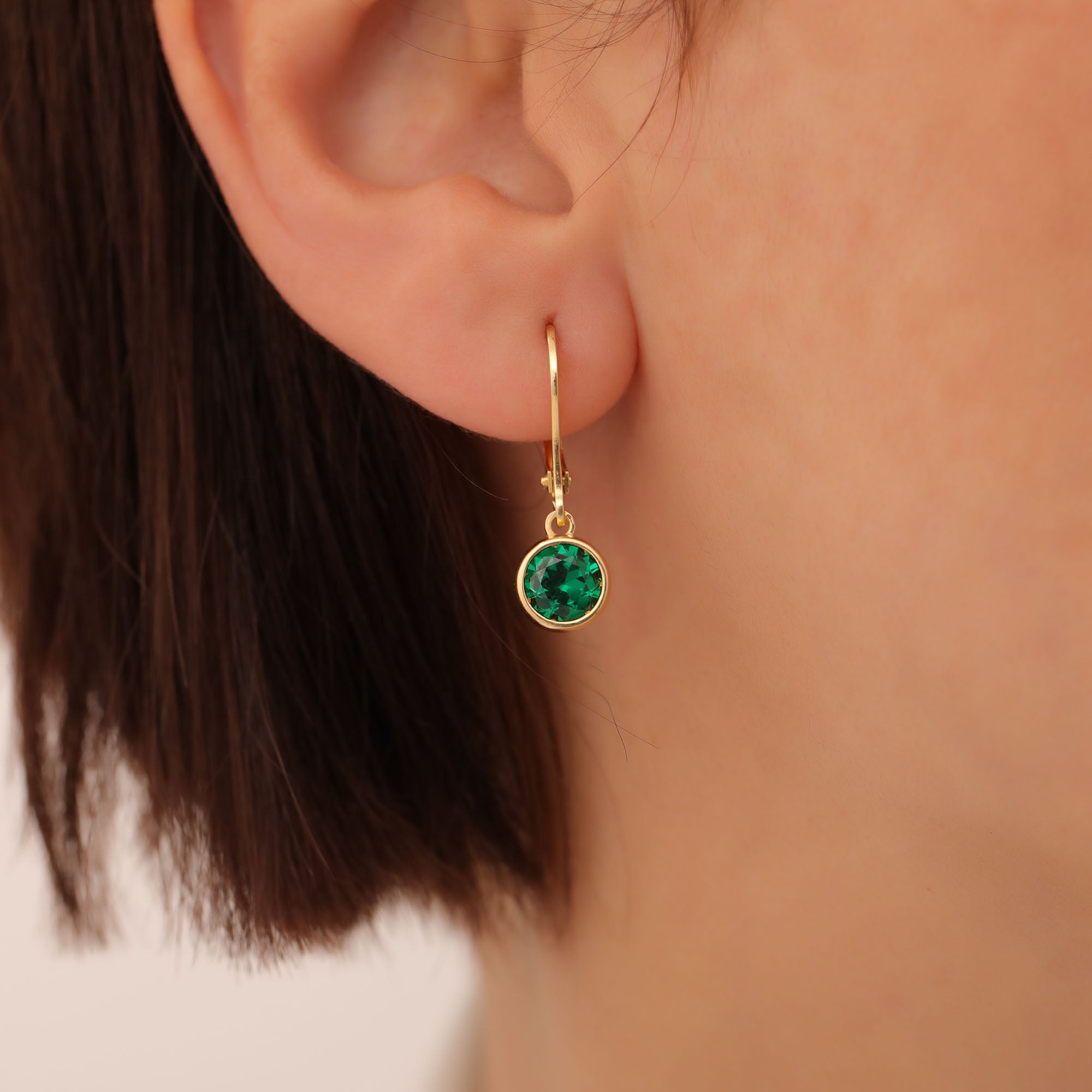 Round Emerald Bezel Dangle Earrings in 14K Solid Gold | May Birthstone Queen Jewelry Earrings