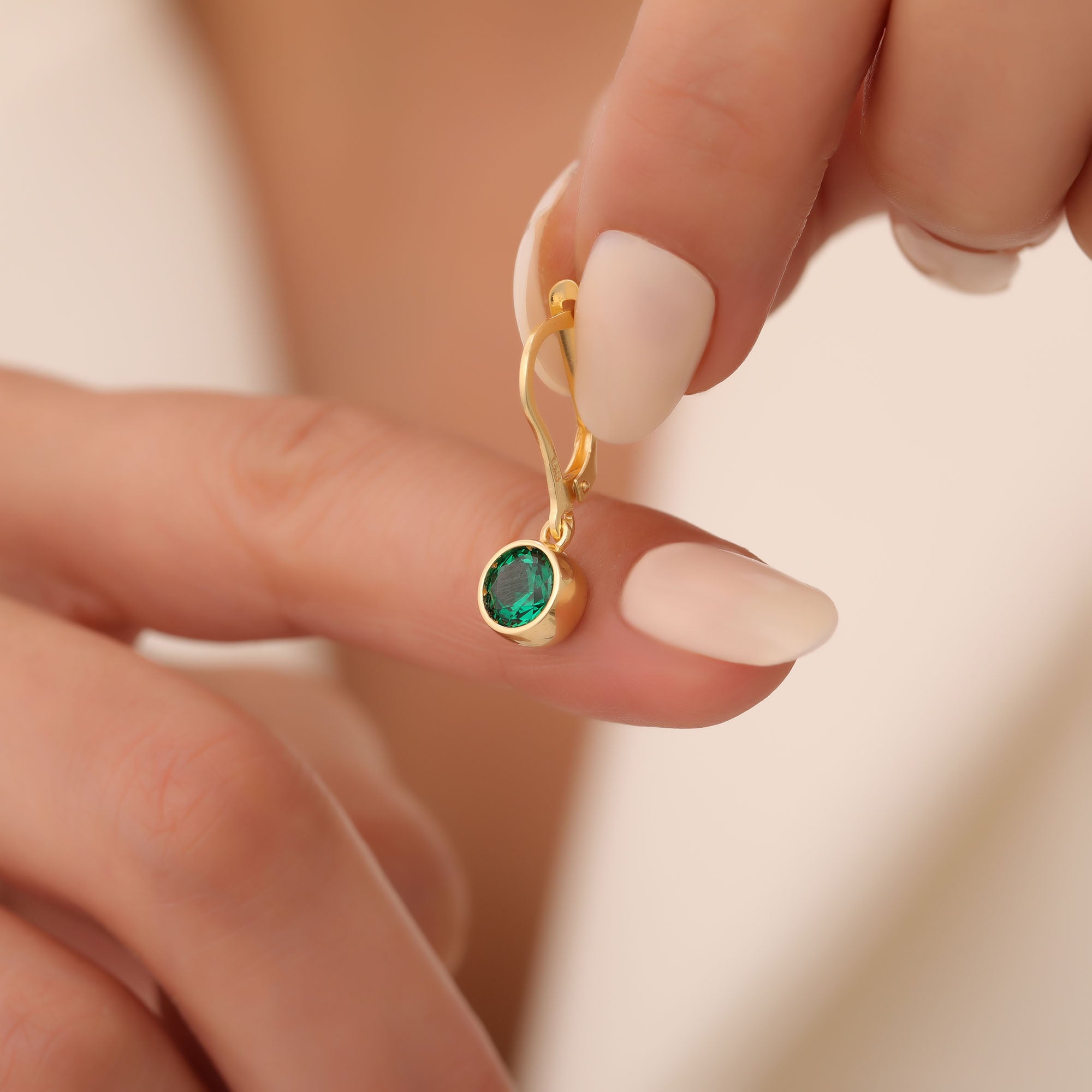 Round Emerald Bezel Dangle Earrings in 14K Solid Gold | May Birthstone Queen Jewelry Earrings