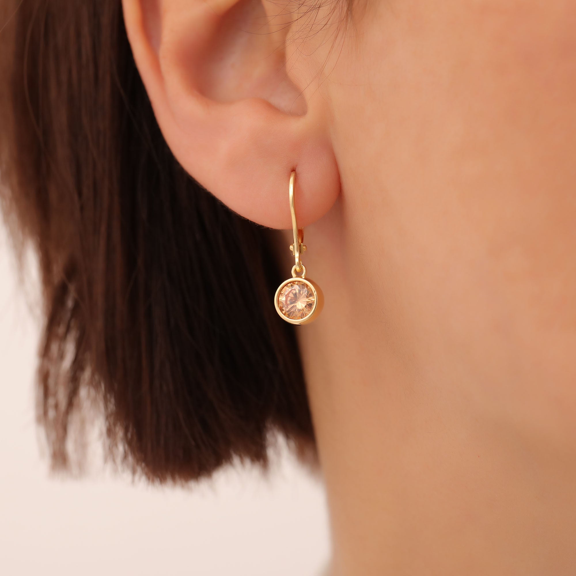 Round Citrine Bezel Dangle Earrings in 14K Solid Gold | November Birthstone Queen Jewelry Earrings