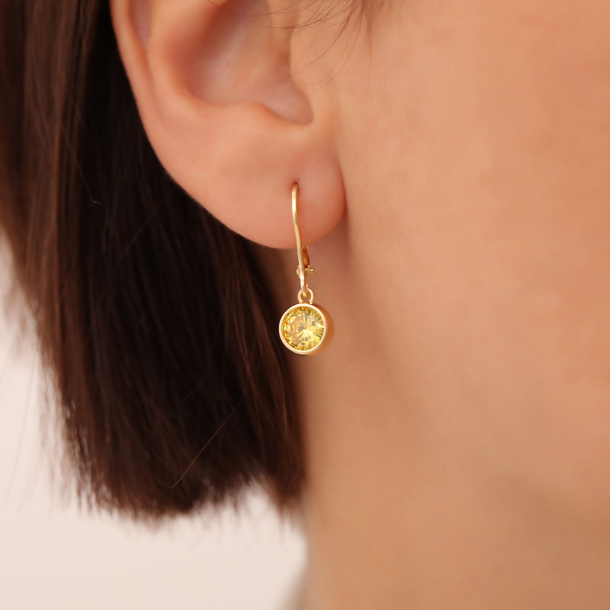 Round Yellow Topaz Bezel Dangle Earrings in 14K Solid Gold | Birthstone Jewelry Queen Jewelry Earrings