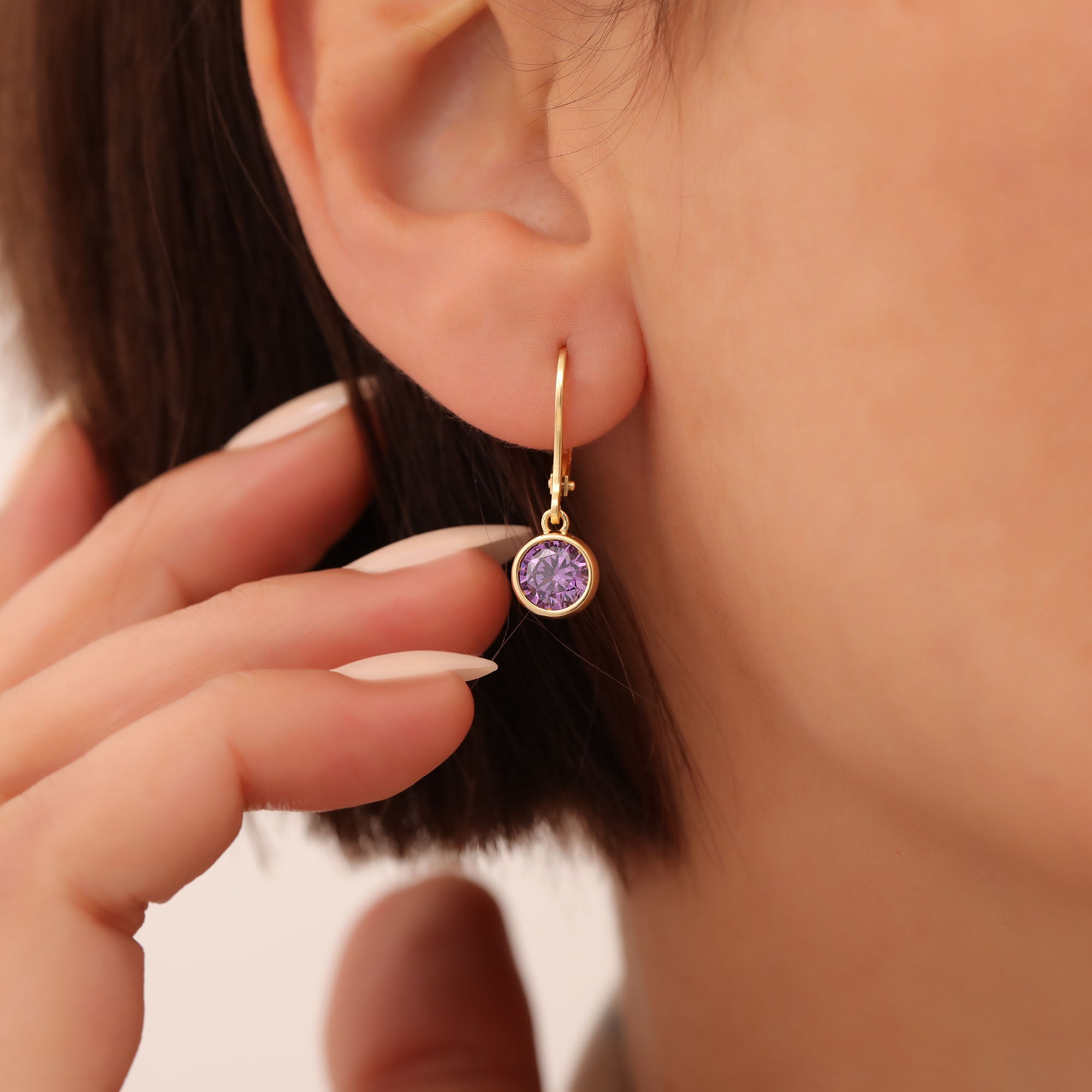 Round Amethyst Bezel Dangle Earrings in 14K Solid Gold | February Birthstone Queen Jewelry Earrings