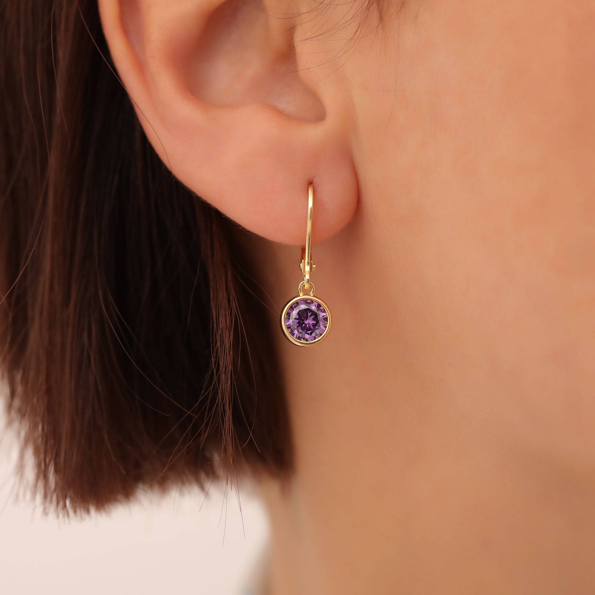 Round Amethyst Bezel Dangle Earrings in 14K Solid Gold | February Birthstone Queen Jewelry Earrings