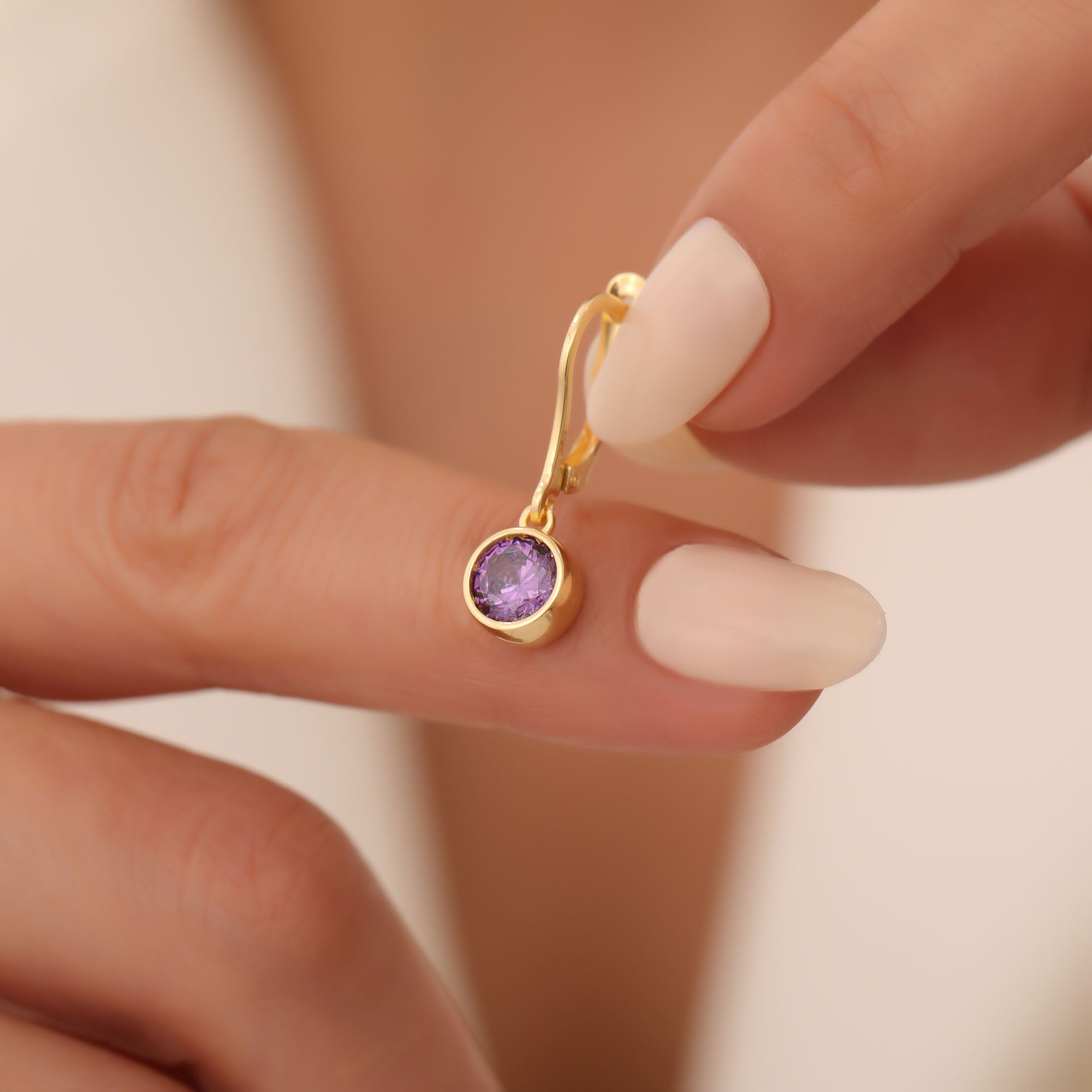 Round Amethyst Bezel Dangle Earrings in 14K Solid Gold | February Birthstone Queen Jewelry Earrings