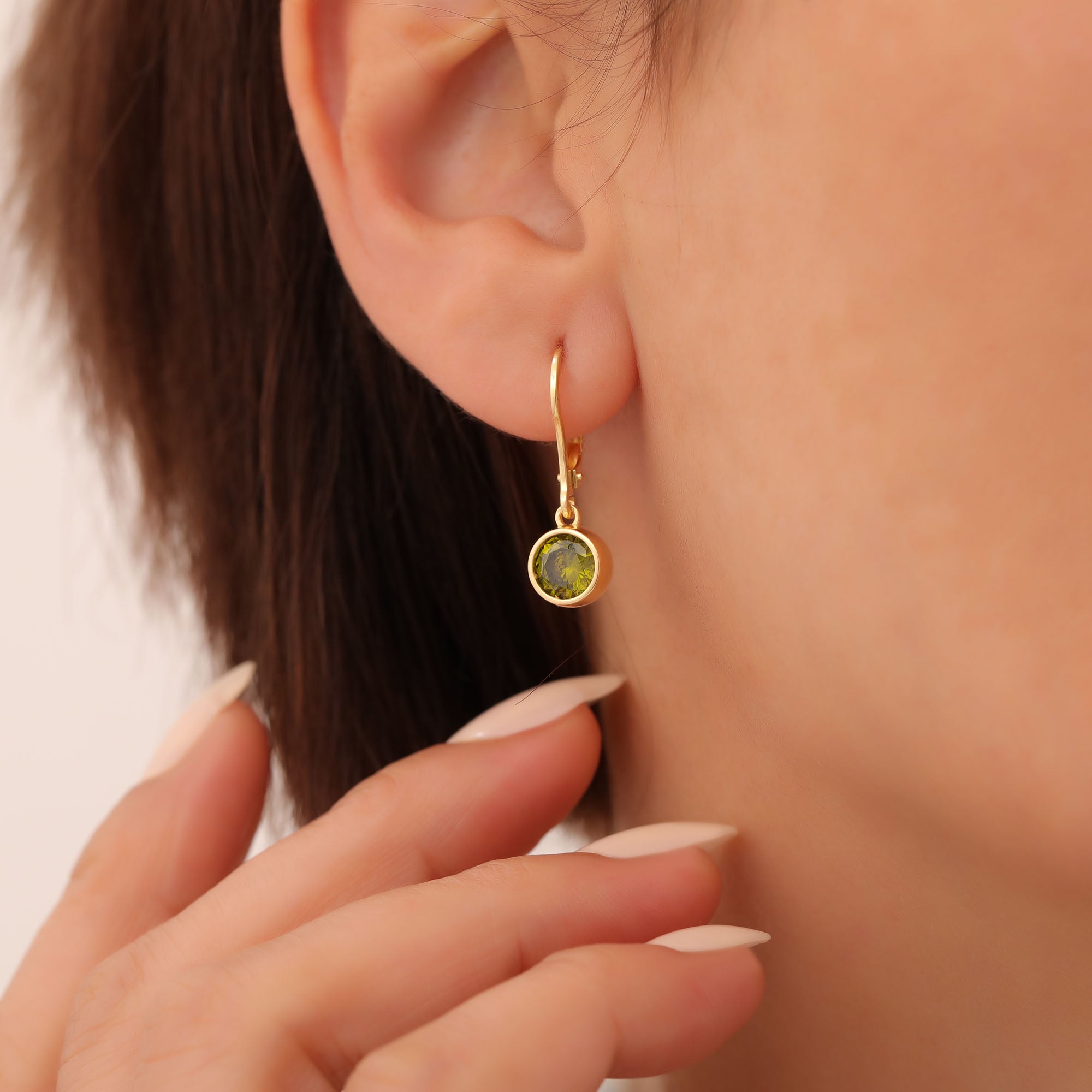 Round Peridot Bezel Dangle Earrings in 14K Solid Gold | August Birthstone Queen Jewelry Earrings