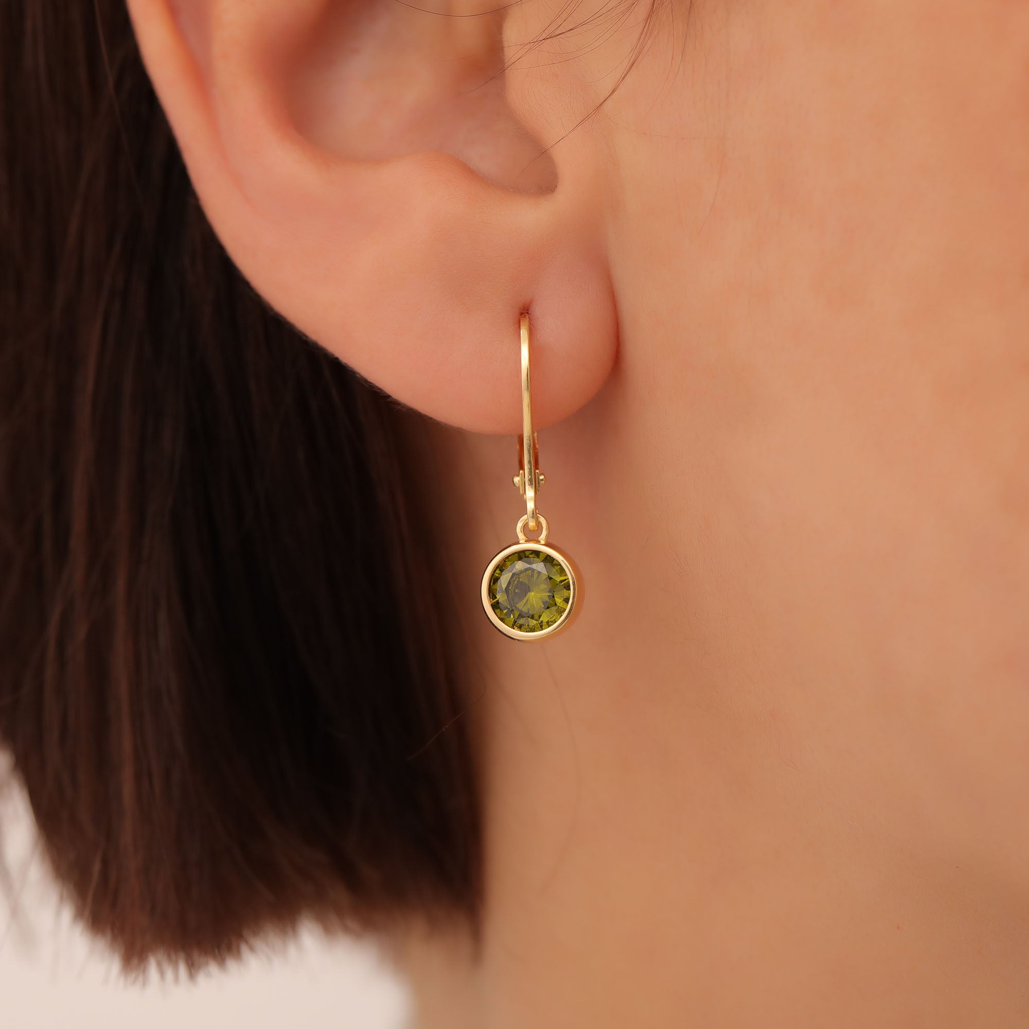 Round Peridot Bezel Dangle Earrings in 14K Solid Gold | August Birthstone Queen Jewelry Earrings